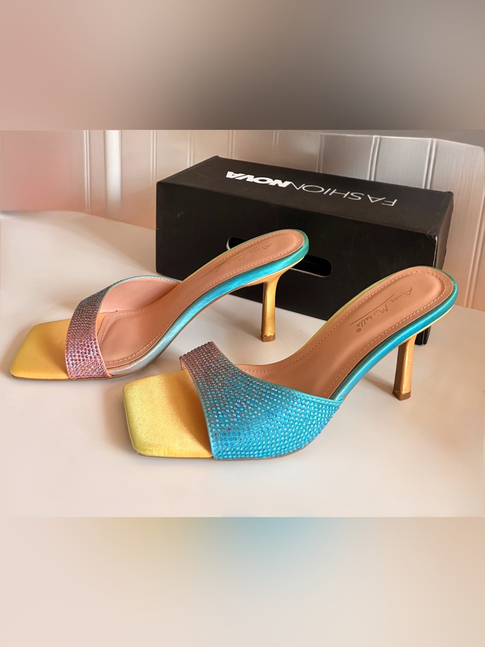 Fashion Nova Yellow & Turquoise Satin Crystal Slide Heels